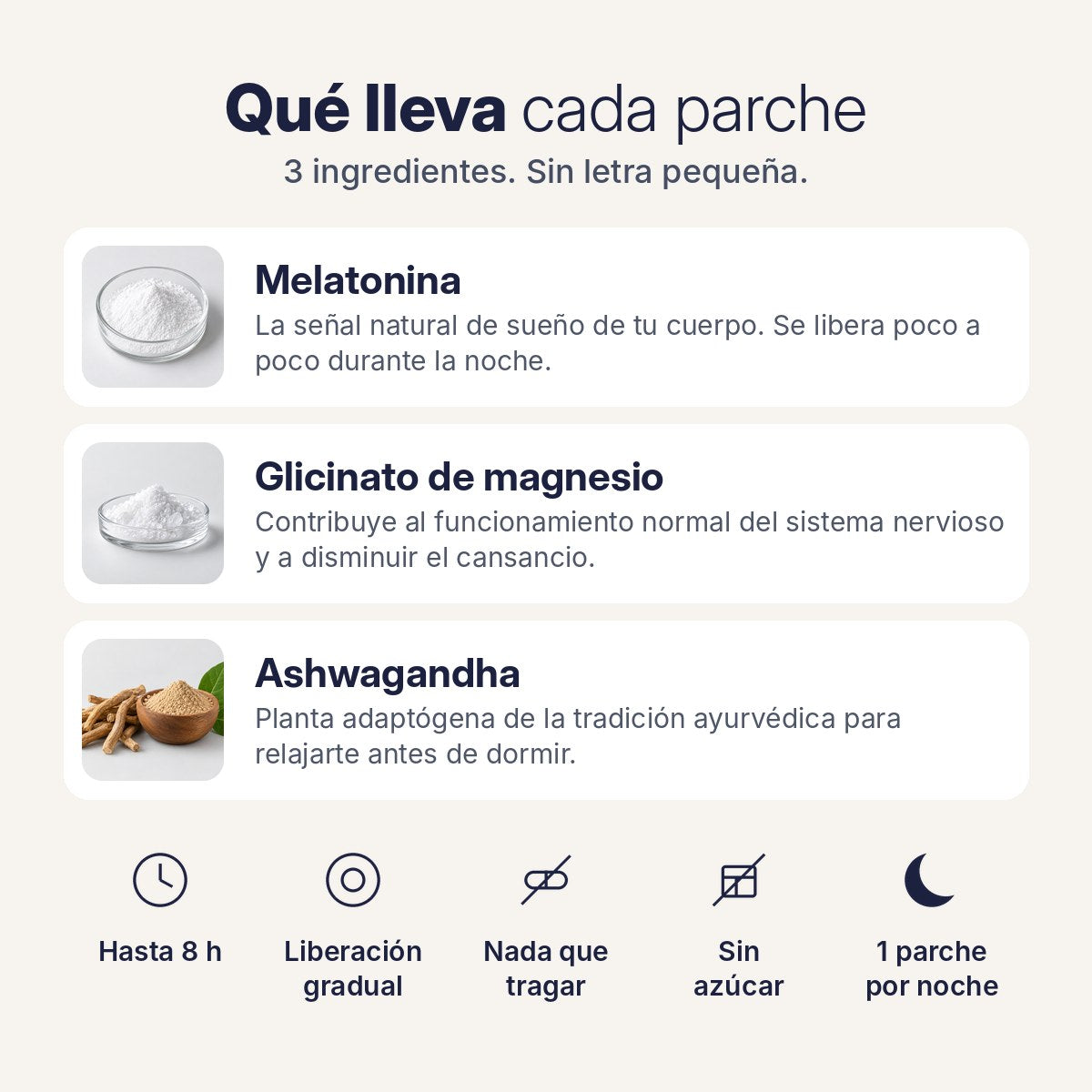 Qué lleva cada Parche Dream: melatonina, glicinato de magnesio y ashwagandha